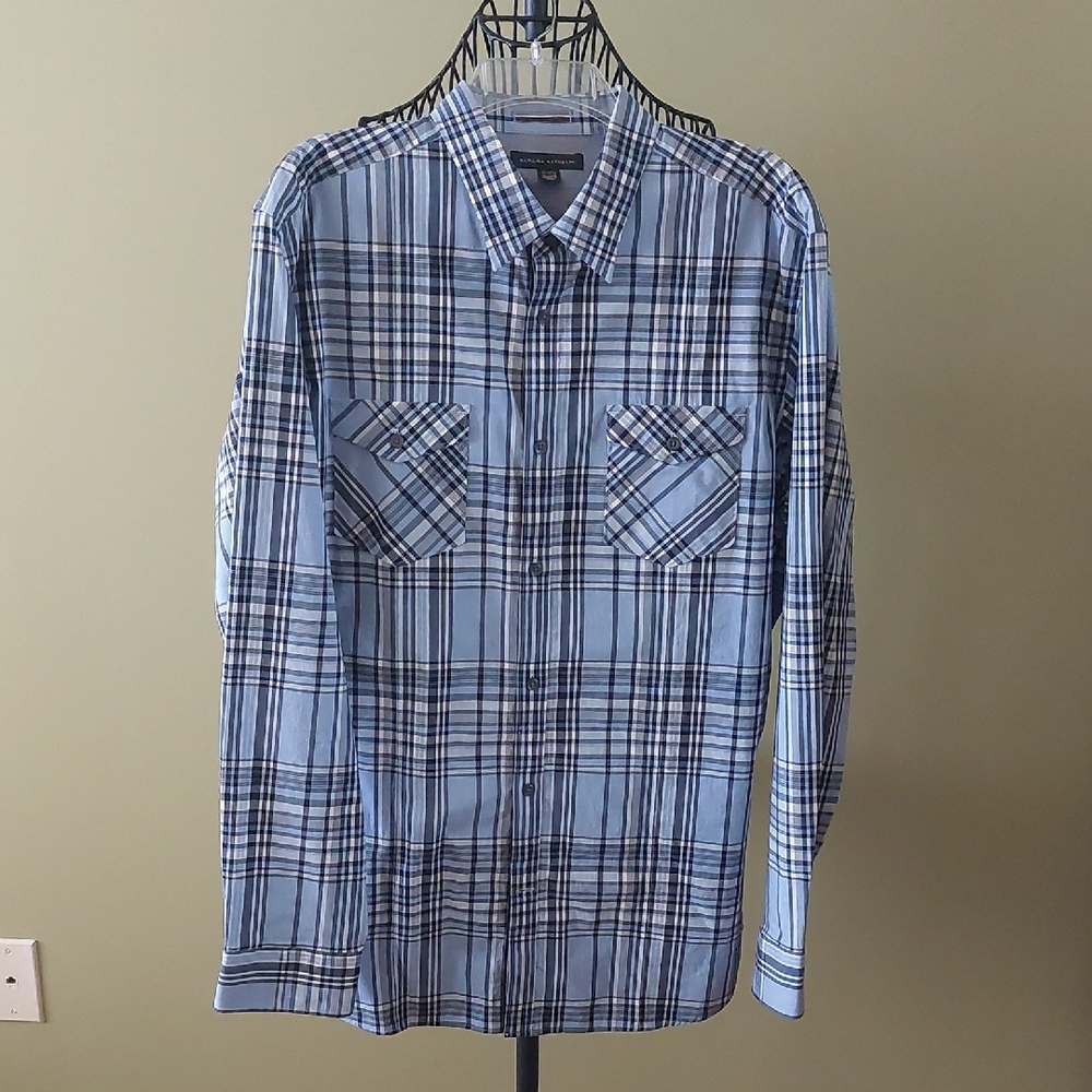 "Banana Republic", Size XL-17-17.5 Men's Blue and White Checkered Shirt